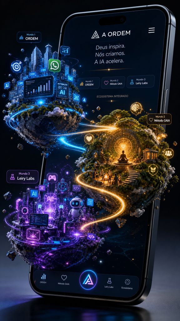 Mockup do ecossistema A ORDEM em um smartphone, mostrando os três mundos: Ordem, Método GAIA e Leiry Labs